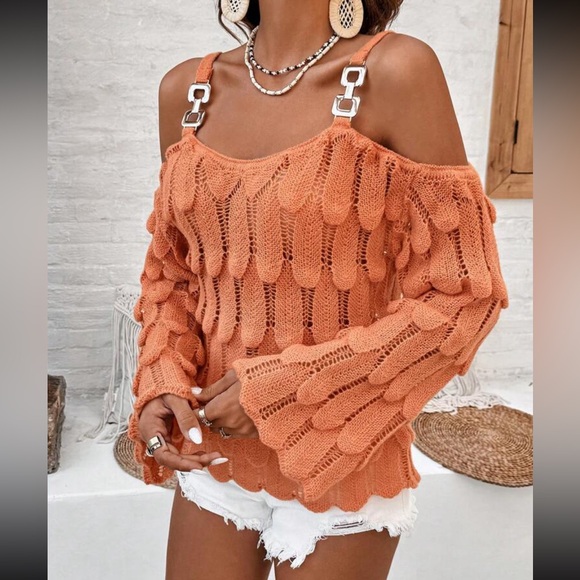 Cozy Boho Off Cold Shoulder Bell Flare Long Sleeve Pointelle Knit Sweater Top - Picture 12 of 13